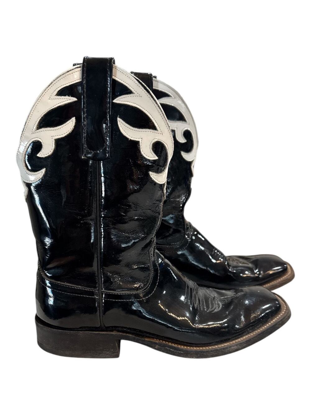 VINTAGE WOMENS ANDERSON BEAN BOOTS PATENT LEATHER BLACK/WHITE SZ 8/9